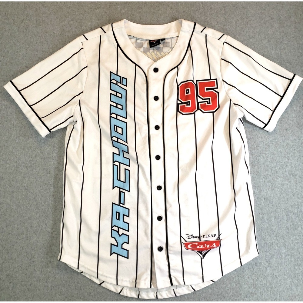 Disney Cars Baseball Jersey Mens Size M Lightning McQueen Pinstripe 95 Pixar